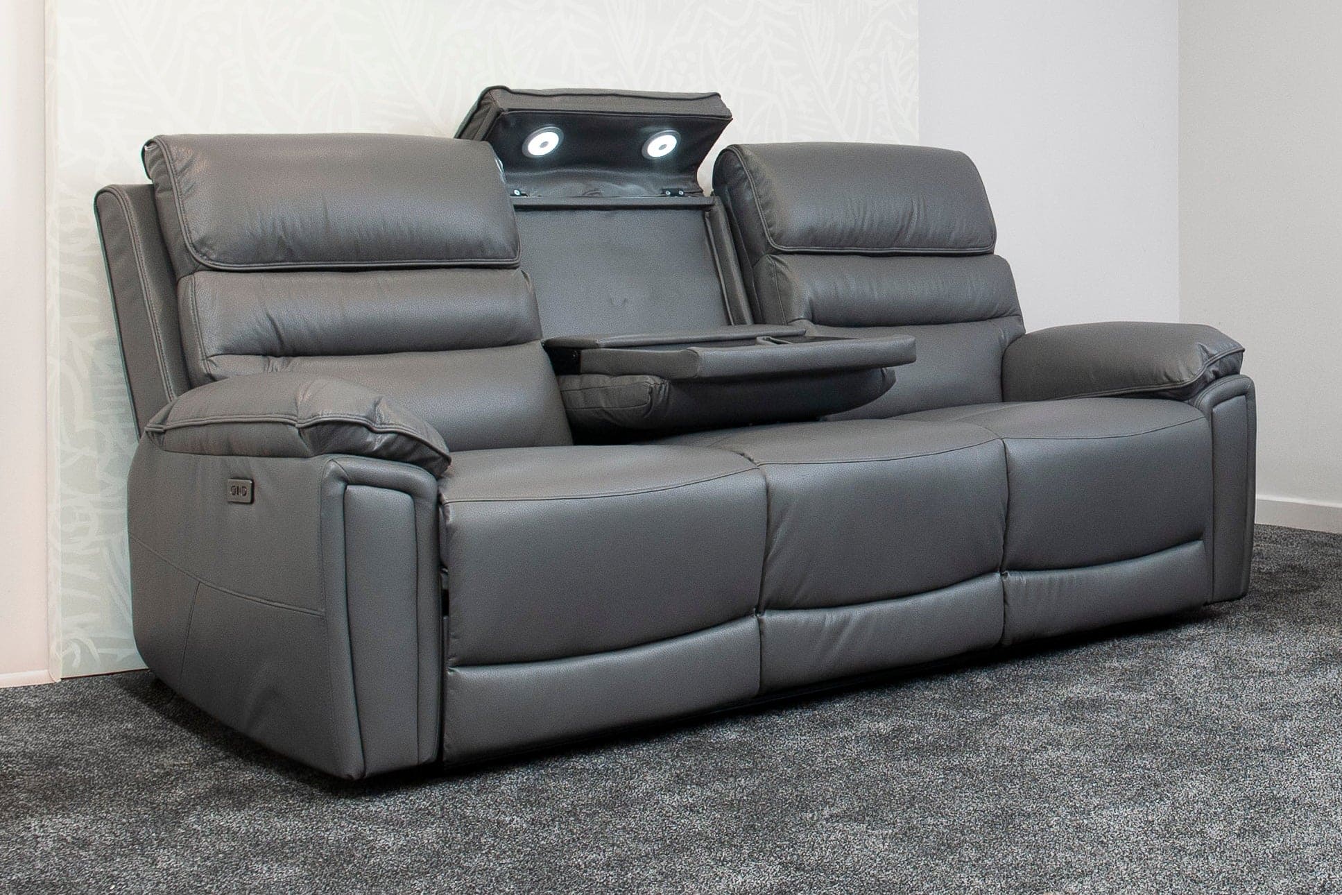 Donald Grey Leather Electric / Power Reclining 3 Seater Sofa With Drinks Coolers USB Charging Ports & Drop Down Tray Table - Image 2