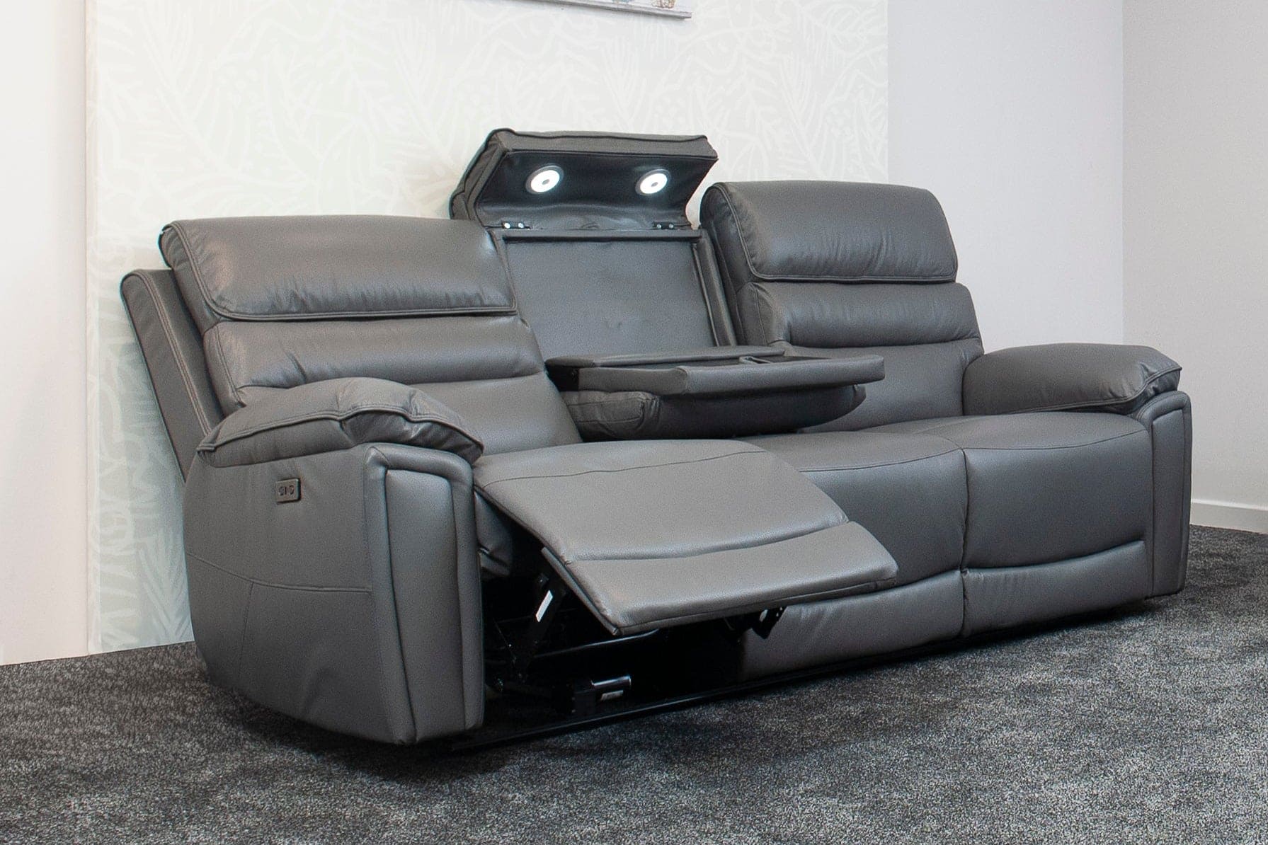 Donald Grey Leather Electric / Power Reclining 3 Seater Sofa With Drinks Coolers USB Charging Ports & Drop Down Tray Table - Image 4