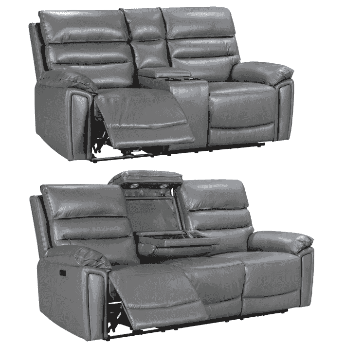 Donald Grey Leather Electric / Power Reclining 3 Seater + 2 Seater Sofa Suite Set With Drinks Coolers USB Charging Ports & Drop Down Tray Table - Image 3