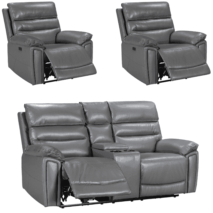 Donald Grey Leather Electric / Power Reclining Sofa Range Suite Set With Drinks Coolers USB Charging Ports & Drop Down Tray Table - Image 15