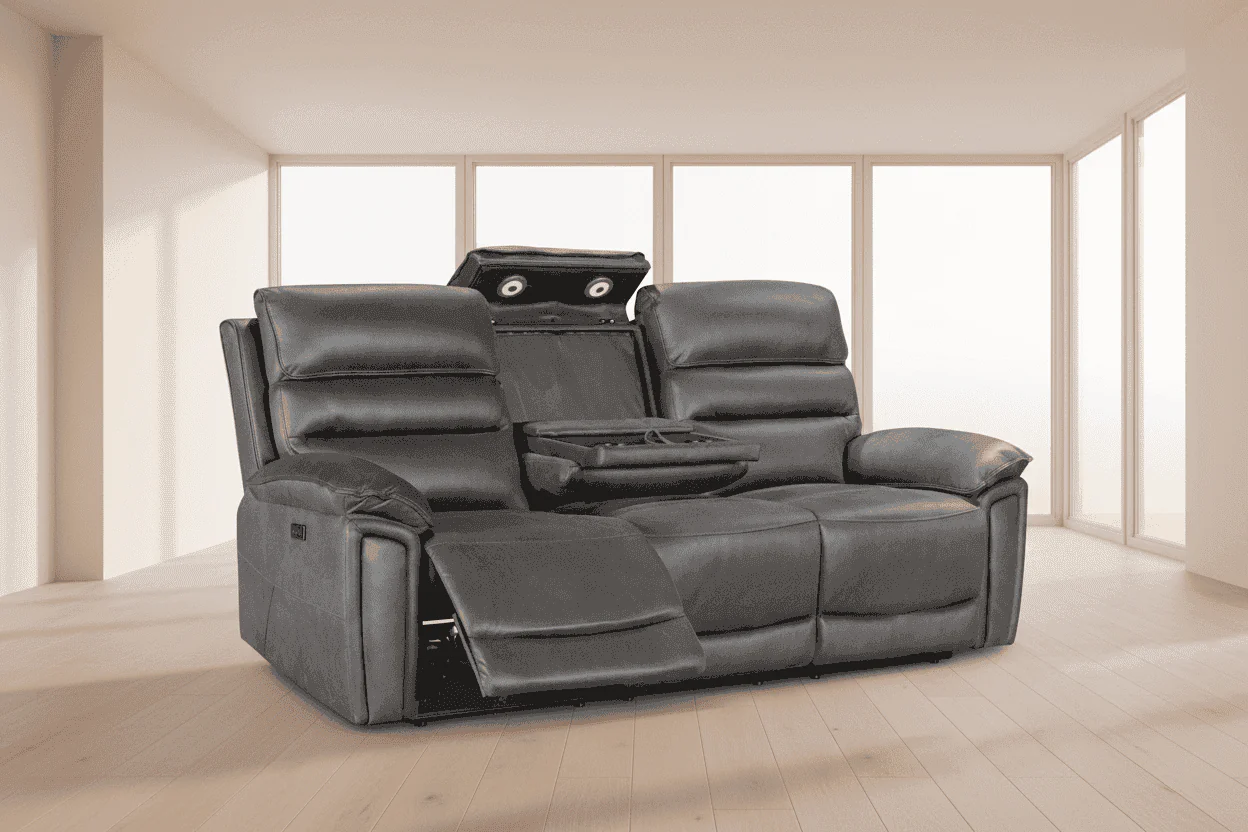 Calisese Grey Easy Clean Fabric Electric Reclining 3 Seater + 2 Seater Sofa Set With USB Charging Ports, Drop Down Tray Table & Drinks Cooling Cupholders - Image 12