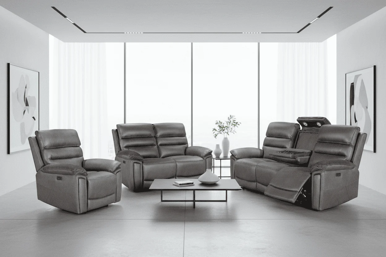 Calisese Grey Easy Clean Fabric Electric Reclining Sofa Range Suite Set With USB Charging Ports & Drop Down Tray Table - Image 8