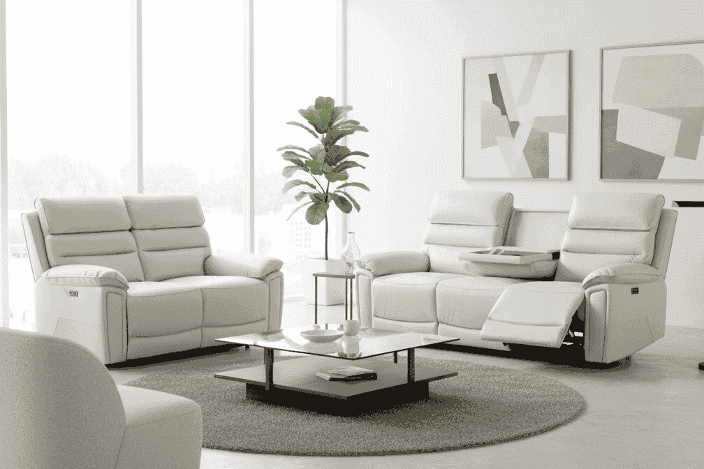 Donald Ivory Cream Leather Electric Reclining Sofa Range Suite Set With USB Charging Ports & Drop Down Tray Table - Image 31