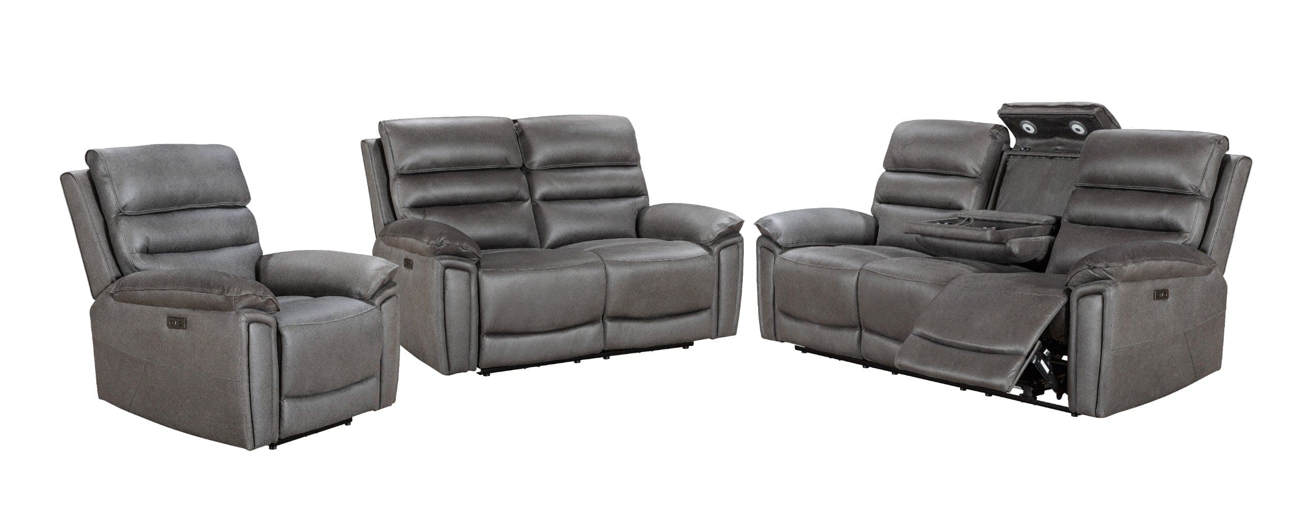 Donald Suede Fabric Power Reclining Sofa Range Suite Set With USB Charging Ports & Drop Down Tray Table - Image 2