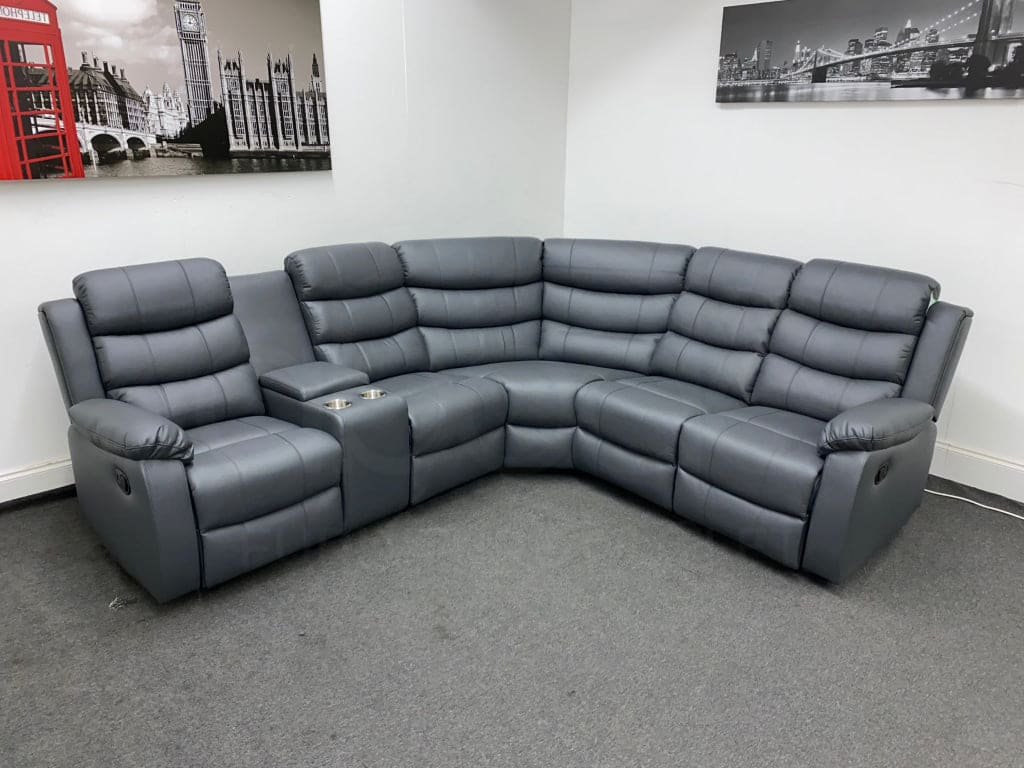 Electric Grey Leather 'Lando' Reclining 2c2c Corner Sofa | Reversible & Modular | Drinks Console | High Backrest | Built To Fit Any Home + USB Ports - Image 3