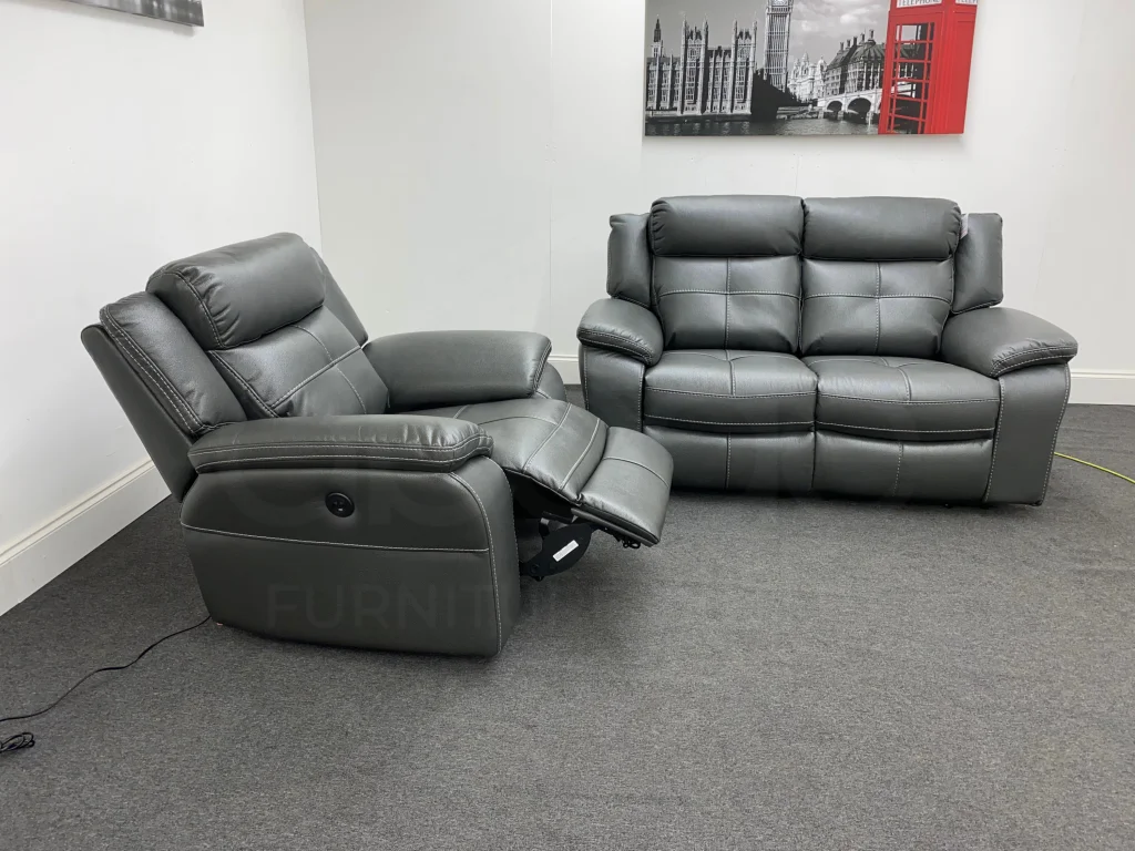 Parker Electric Recliner Grey Leather 2 Seater Sofa + Chair Set - Image 3