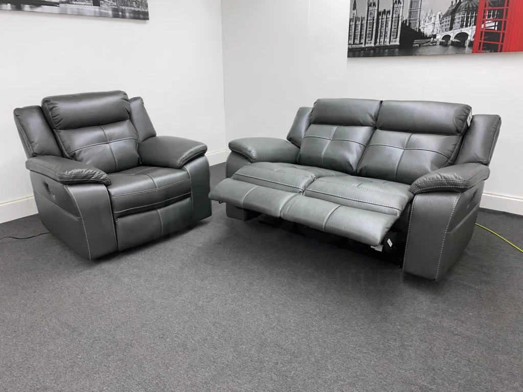Parker Electric Recliner Grey Leather 2 Seater Sofa + Chair Set - Image 8