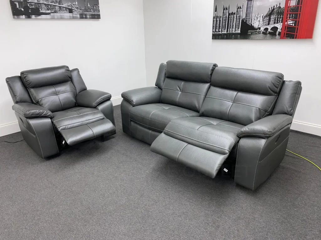 Parker Electric Recliner Grey Leather 3 Seater Sofa + Chair Set - Image 3