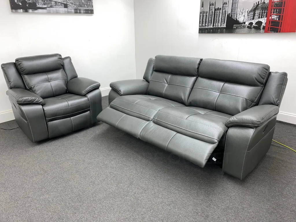 Parker Electric Recliner Grey Leather 3 Seater Sofa + Chair Set - Image 4