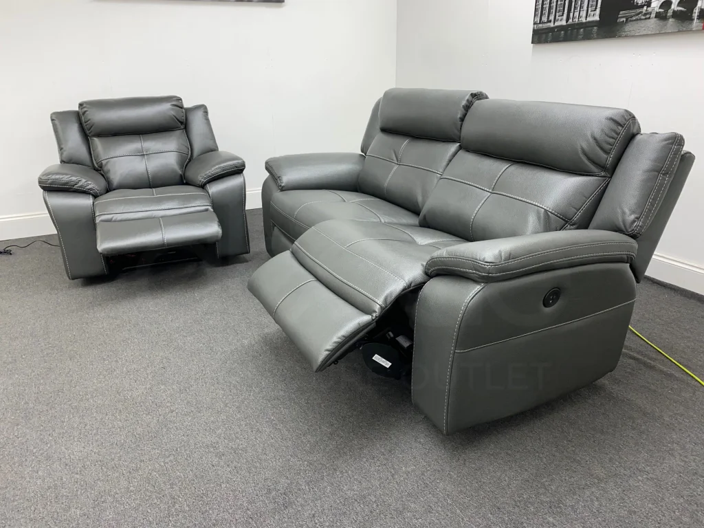 Parker Electric Recliner Grey Leather 3 Seater Sofa + Chair Set - Image 5