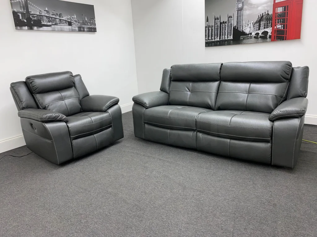 Parker Electric Recliner Grey Leather 3 Seater Sofa + Chair Set - Image 7