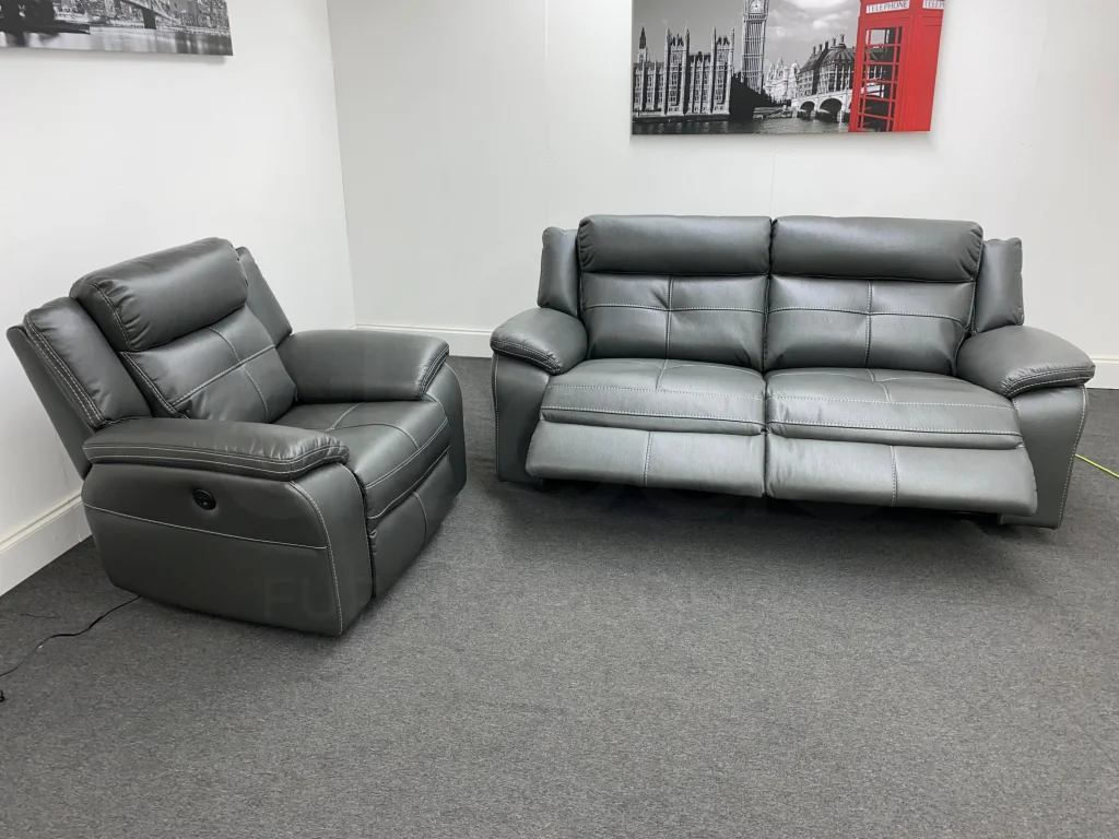 Parker Electric Recliner Grey Leather 3 Seater Sofa + Chair Set - Image 9