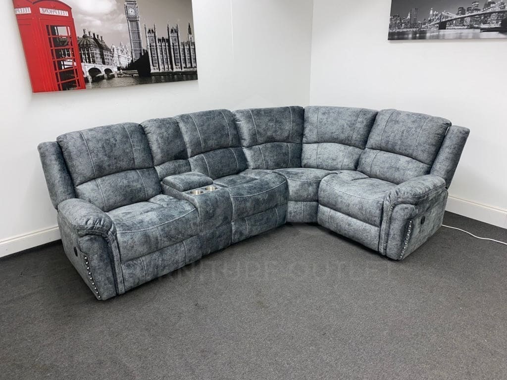GALAXY Grey Plush Velvet Fabric Electric Reclining Left & Right Hand Facing Modular Corner Sofa | Couch | USB Ports | Drinks Console - Image 11