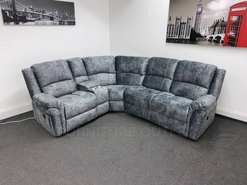 GALAXY Grey Plush Velvet Fabric Electric Reclining Left & Right Hand Facing Modular Corner Sofa | Couch | USB Ports | Drinks Console - Image 13