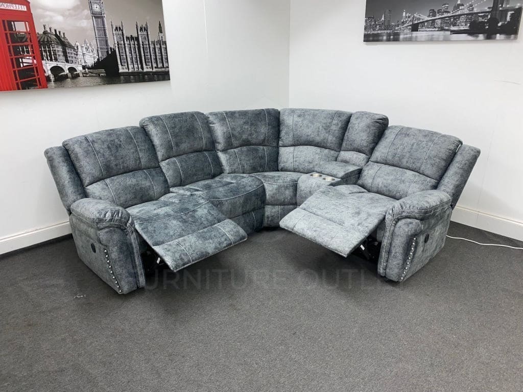 GALAXY Grey Plush Velvet Fabric Electric Reclining Left & Right Hand Facing Modular Corner Sofa | Couch | USB Ports | Drinks Console - Image 3