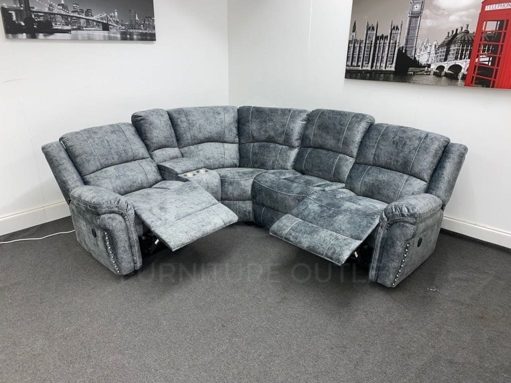 GALAXY Grey Plush Velvet Fabric Electric Reclining Left & Right Hand Facing Modular Corner Sofa | Couch | USB Ports | Drinks Console - Image 4