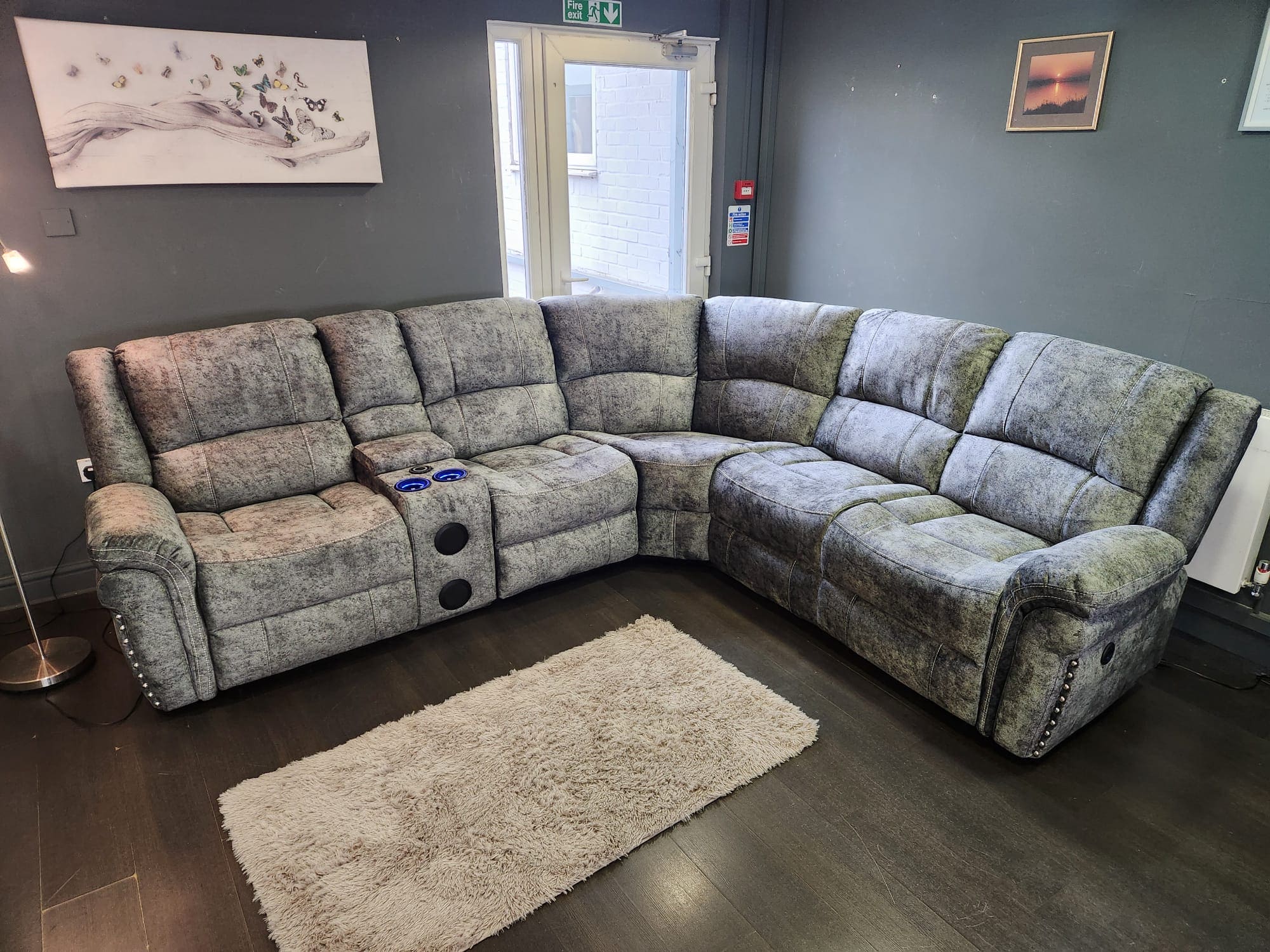 GALAXY Grey Plush Velvet Fabric Electric Reclining 2C2C Reversible Corner Sofa | Cooling Cupholders & USB Ports - Image 2