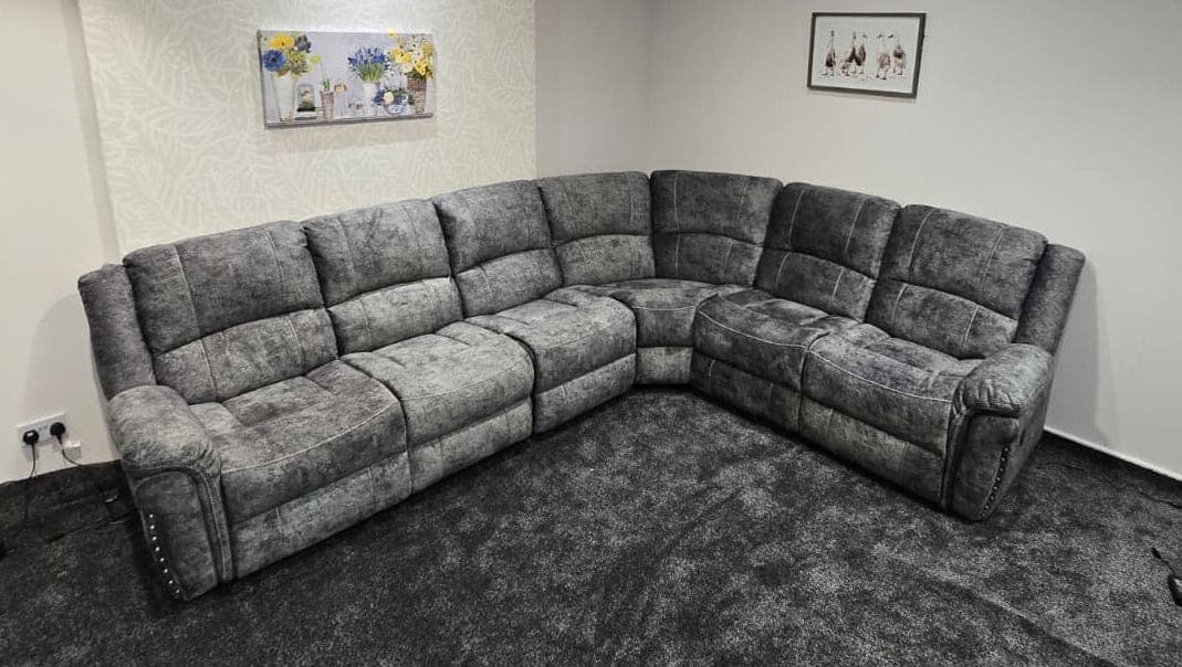 GALAXY Grey Plush Velvet Fabric Electric Reclining 3C2 Corner Sofa & USB Ports - Image 2
