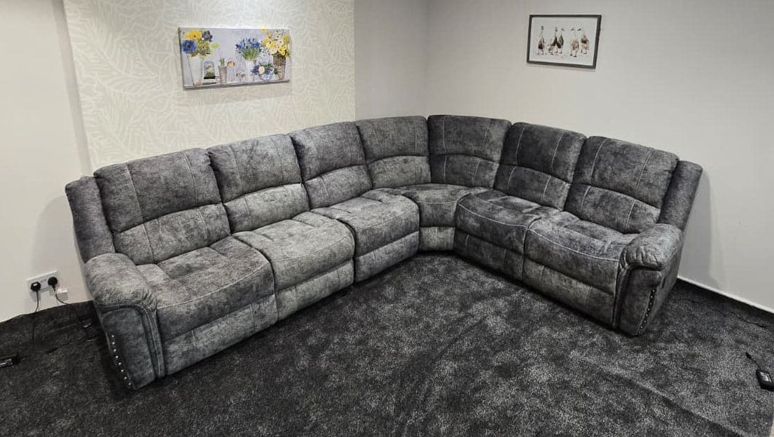 GALAXY Grey Plush Velvet Fabric Electric Reclining 3C2 Corner Sofa & USB Ports - Image 6