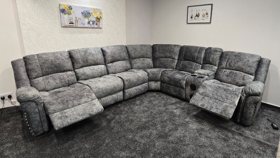 GALAXY Grey Plush Velvet Fabric Electric Reclining 3C2C Corner Sofa, Drinks Coolers & USB Ports - Image 3