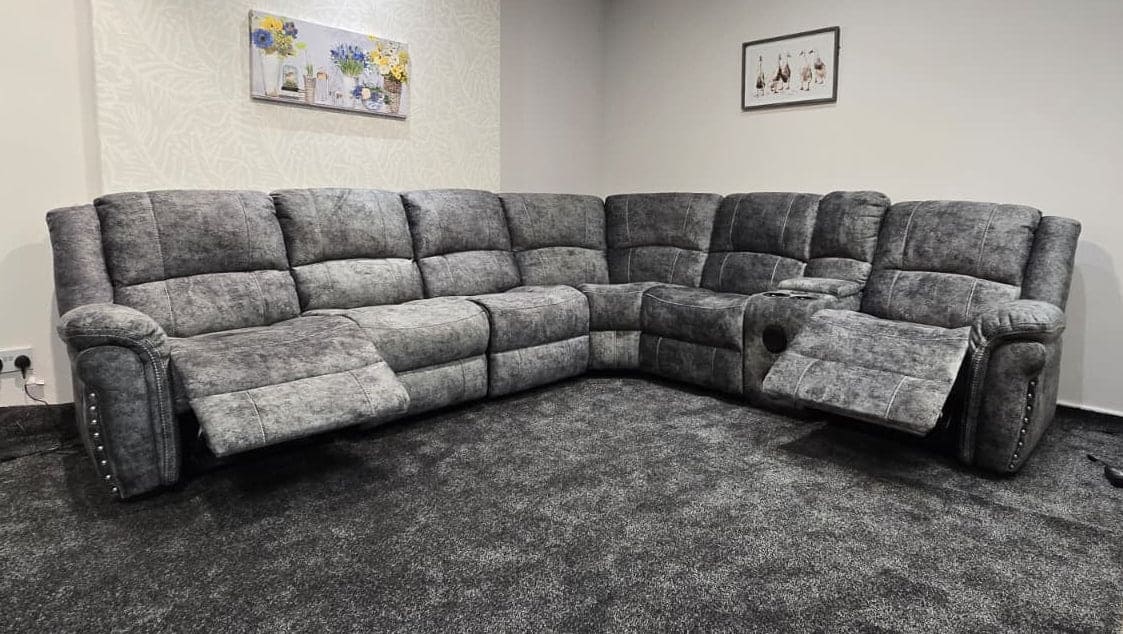 GALAXY Grey Plush Velvet Fabric Electric Reclining 3C2C Corner Sofa, Drinks Coolers & USB Ports - Image 6