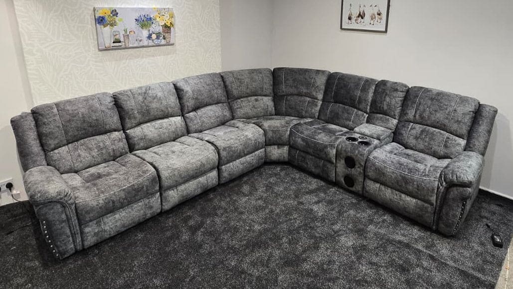 GALAXY Grey Plush Velvet Fabric Electric Reclining 3C2C Corner Sofa, Drinks Coolers & USB Ports - Image 8