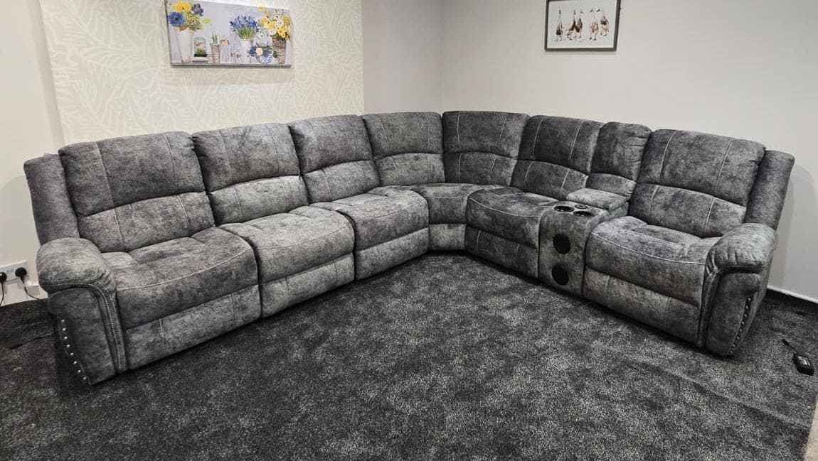 GALAXY Grey Plush Velvet Fabric Electric Reclining 3C2C Corner Sofa, Drinks Coolers & USB Ports - Image 9
