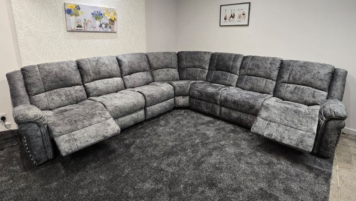 GALAXY Grey Plush Velvet Fabric Electric Reclining 3C3 Corner Sofa & USB Ports - Image 12