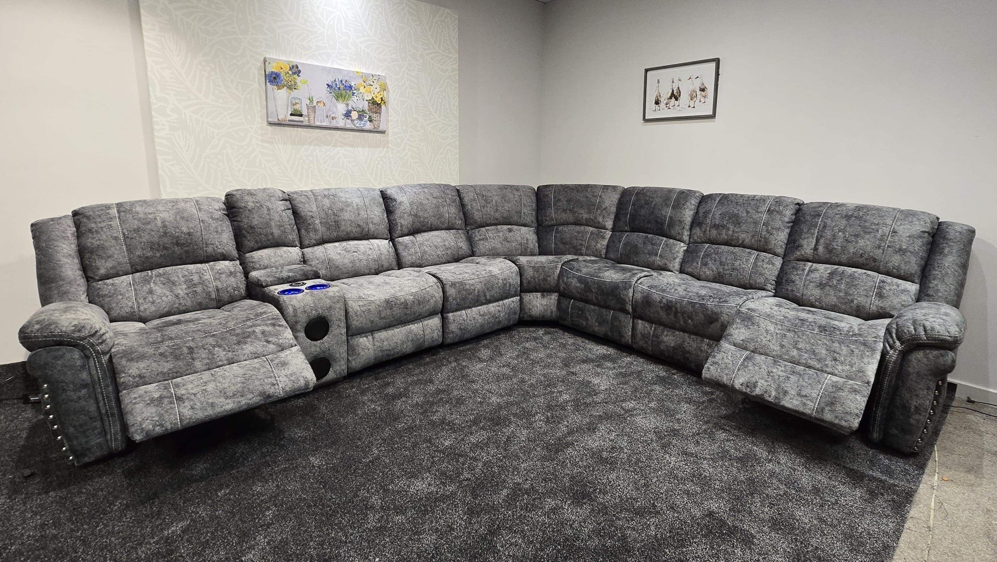 GALAXY Grey Plush Velvet Fabric Electric Reclining 3C3C Reversible Corner Sofa | Cooling Cupholders & USB Ports - Image 2