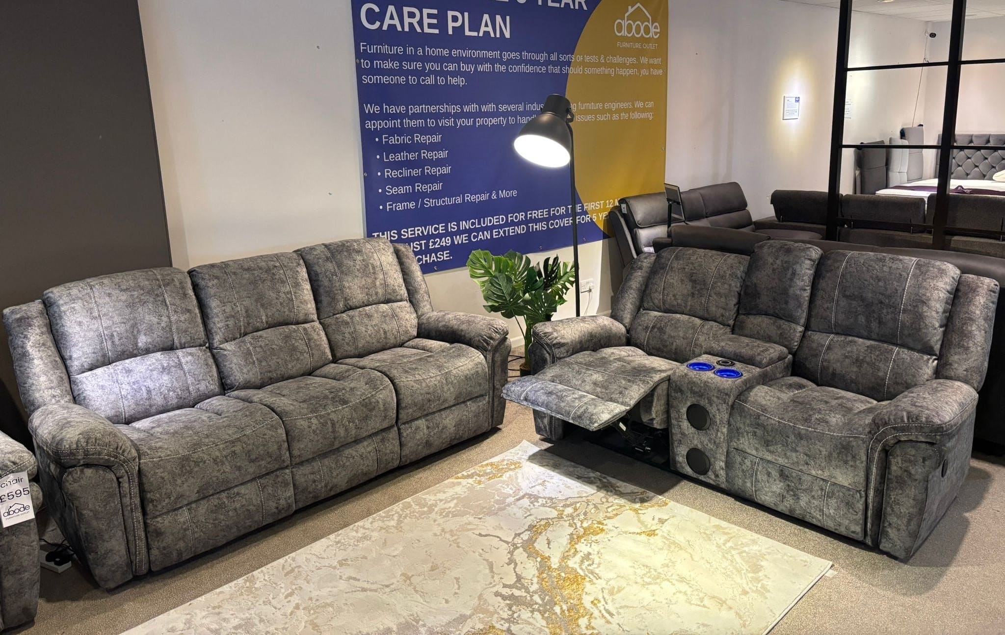 "GALAXY" Tech Grey ELECTRIC Plush Velour Velvet 3 + 2 Seater With Drinks Console Reclining Sofa Set Plus USB Charging Ports and drinks coolers cup holders