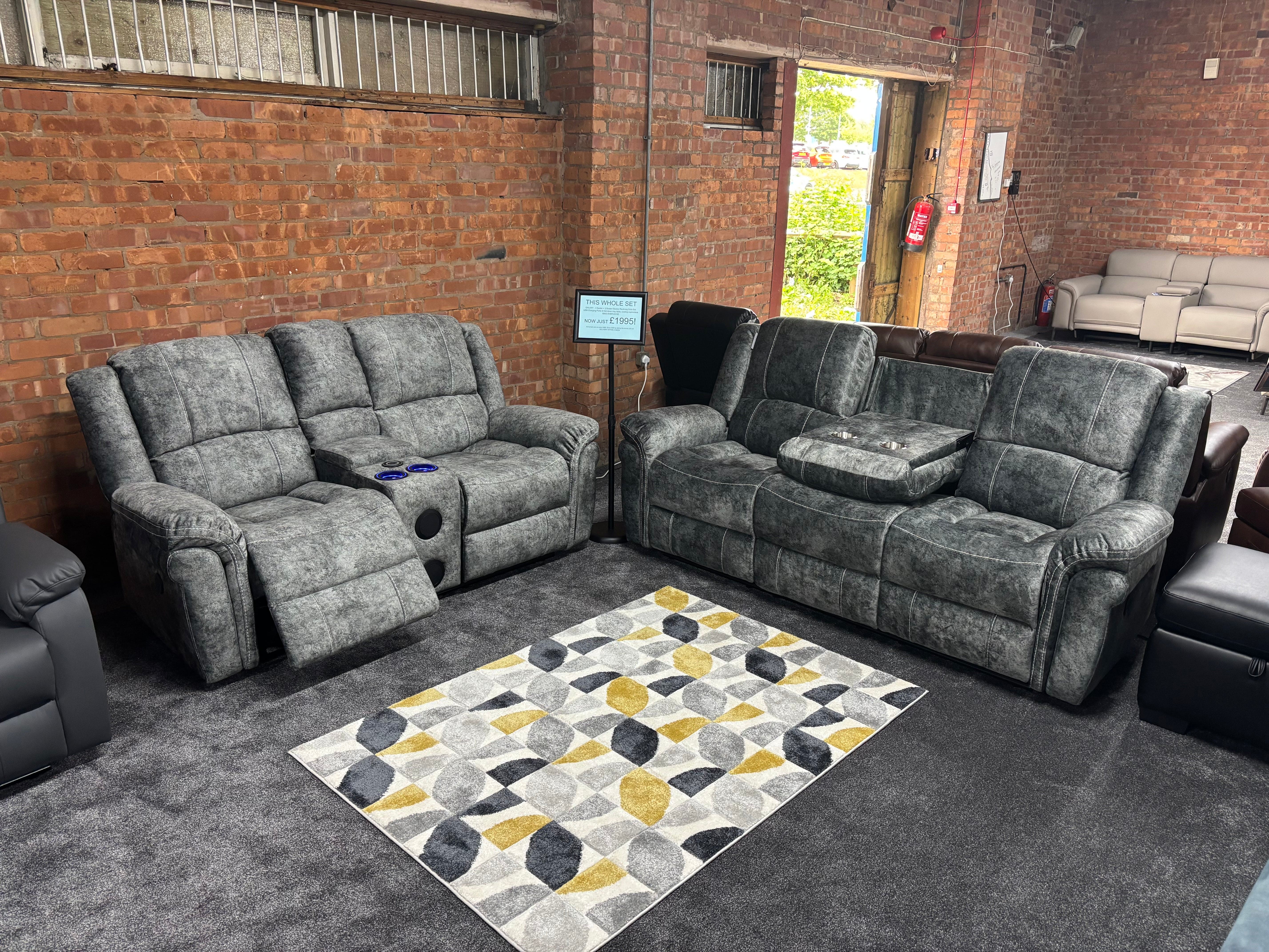 "GALAXY" Tech Grey ELECTRIC Plush Velour Velvet 3 + 2 Seater With Drinks Console Reclining Sofa Set Plus USB Charging Ports and drinks coolers cup holders - Image 10