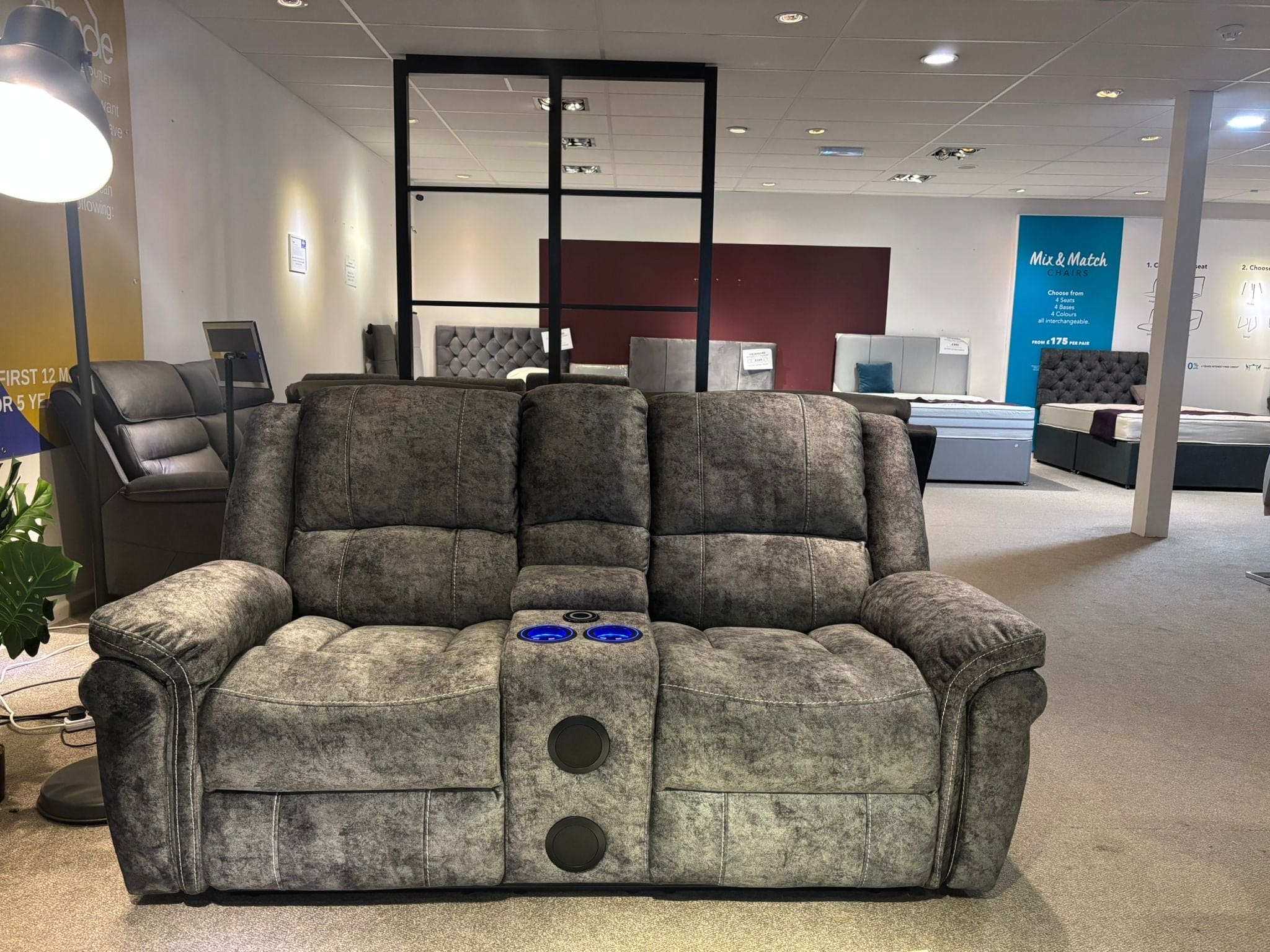 "GALAXY" Tech Grey ELECTRIC Plush Velour Velvet 3 + 2 Seater With Drinks Console Reclining Sofa Set Plus USB Charging Ports and drinks coolers cup holders - Image 8