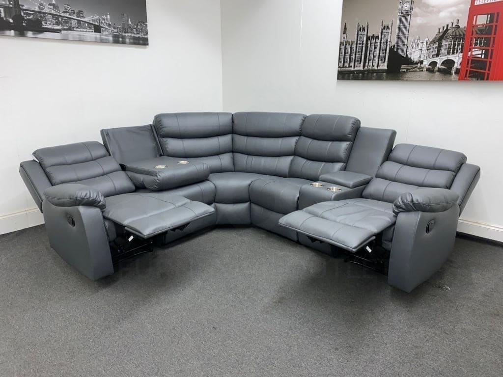 SPECIAL OFFER! 'Lando' Grey Leather Reversible Reclining Corner Sofa | Comes With A Storage Drinks Console | Fold Down Tray Table | High Backrest & Seating Position | Couch | - Image 8