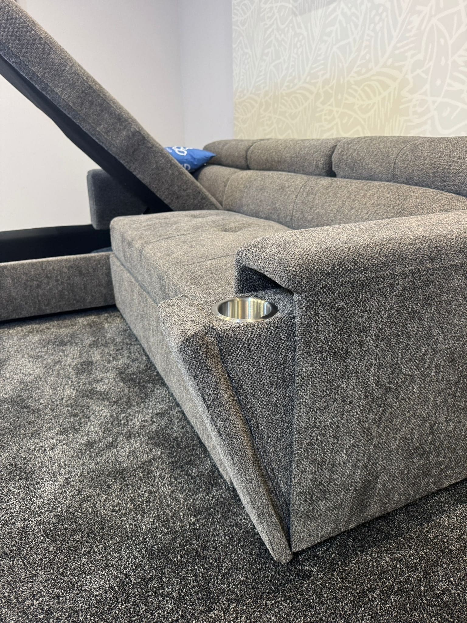 "Jeff" SOFA BED - Grey Fabric Corner Sofa / Sofa Bed LHF With Storage Ottoman + Adjustable Headrests + Drinks Holder + Wireless Charger + Drinks Holder - Image 5