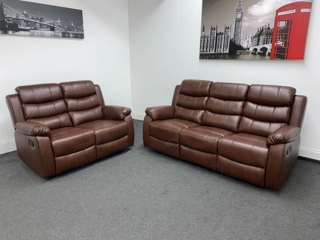 Lando Brown Leather 3 + 2 Seater Reclining Sofa Set | Drinks Tray Table | High Backrests | 2 Stage Reclining - Image 2