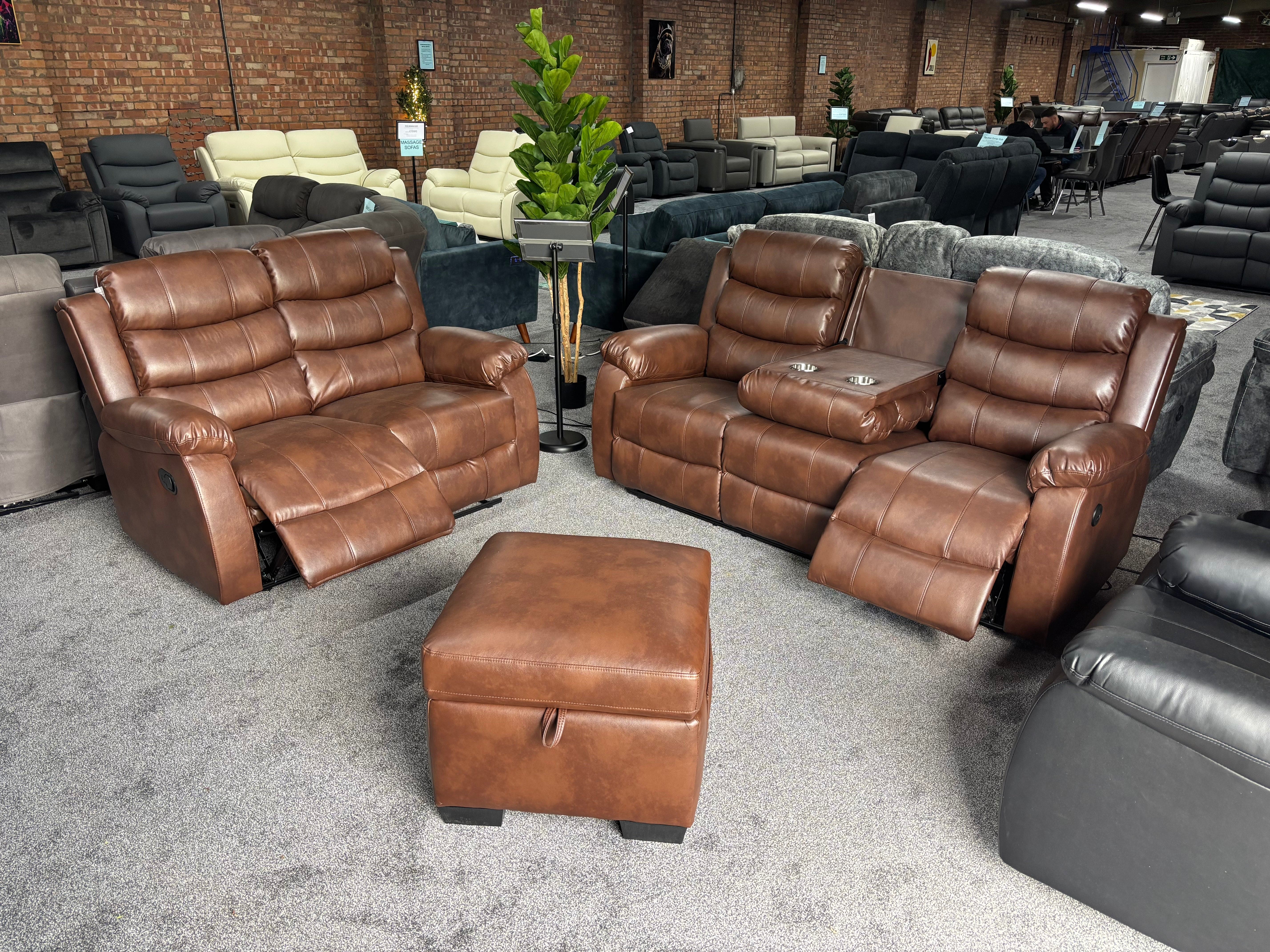 Lando Brown Leather 3 Seater + 2 Seater + Storage Footstool Reclining Sofa Set | Drinks Tray Table | High Backrests | 2 Stage Reclining | Couch | - Image 2