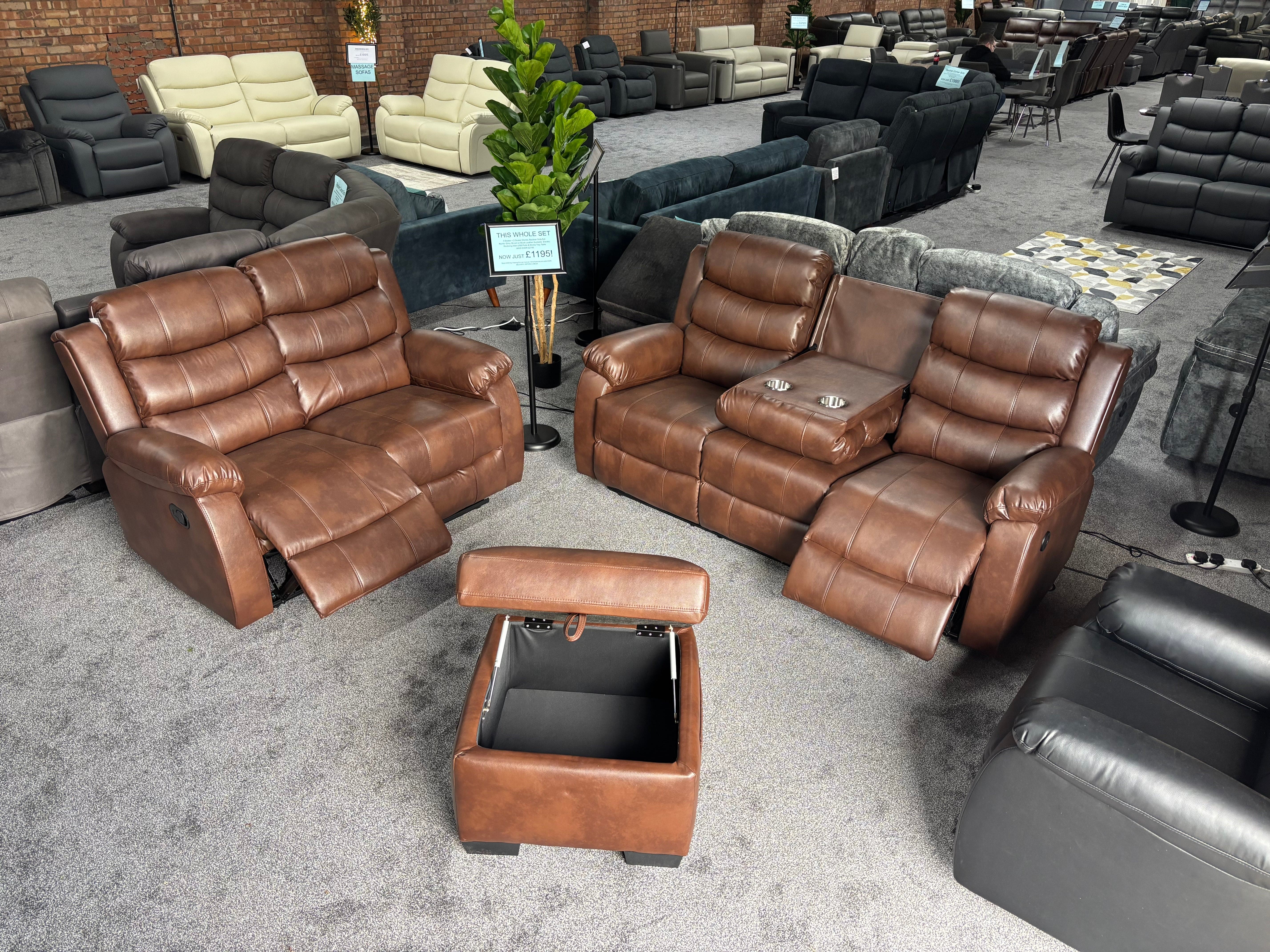 Lando Brown Leather 3 Seater + 2 Seater + Storage Footstool Reclining Sofa Set | Drinks Tray Table | High Backrests | 2 Stage Reclining | Couch | - Image 3