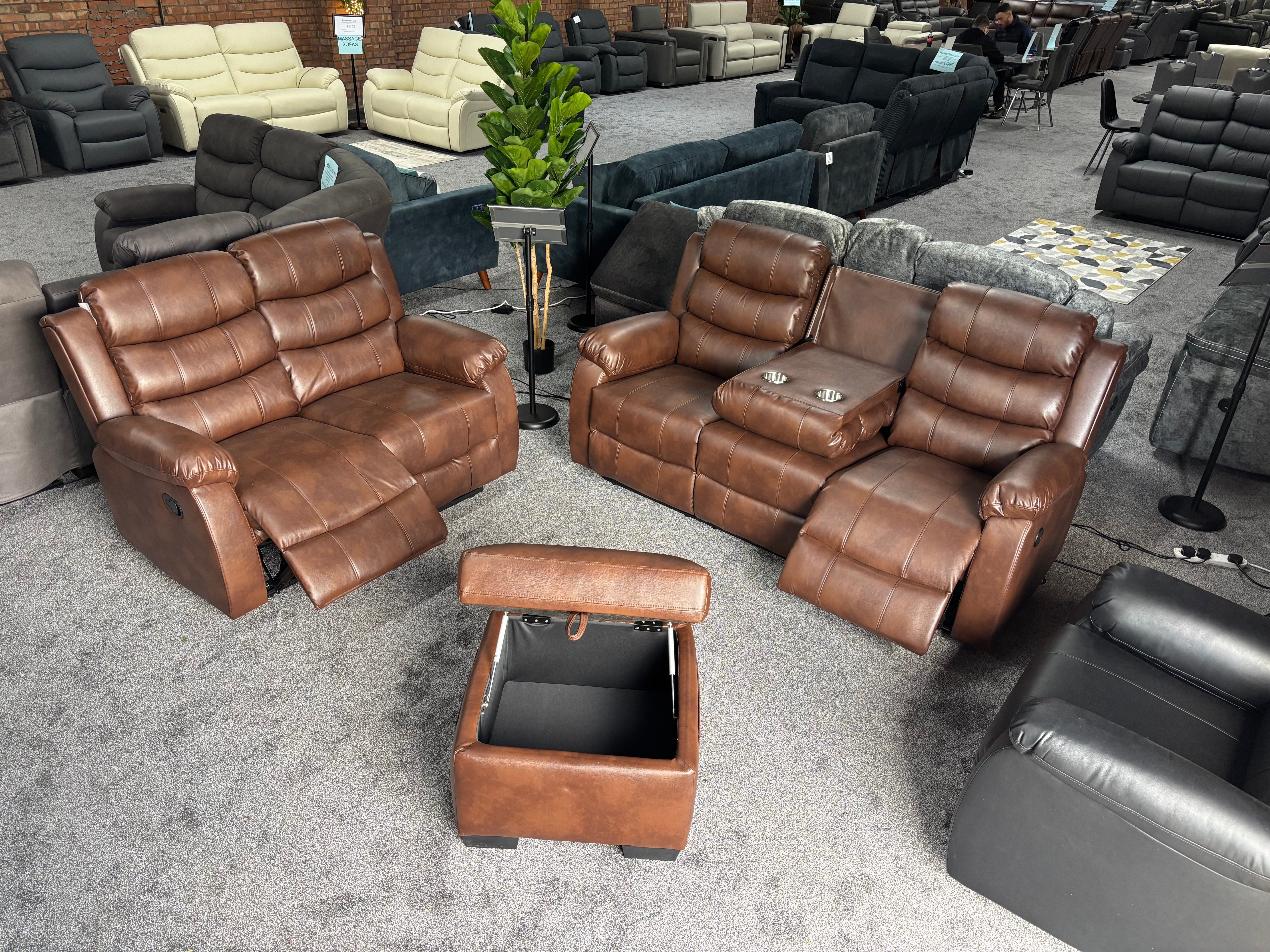 Lando Brown Leather 3 Seater + 2 Seater + Storage Footstool Reclining Sofa Set | Drinks Tray Table | High Backrests | 2 Stage Reclining | Couch | - Image 5