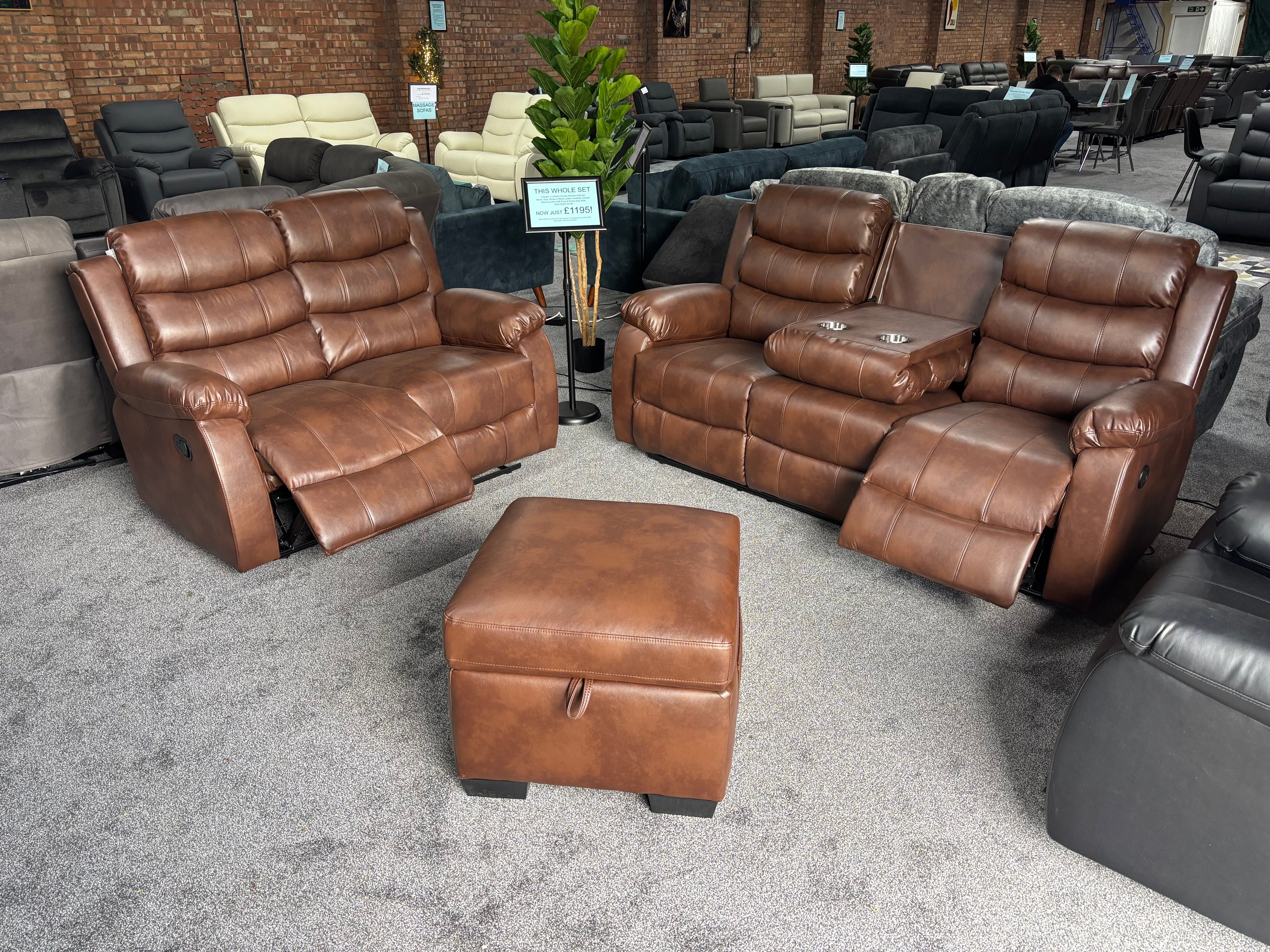 Lando Brown Leather 3 Seater + 2 Seater + Storage Footstool Reclining Sofa Set | Drinks Tray Table | High Backrests | 2 Stage Reclining | Couch | - Image 6