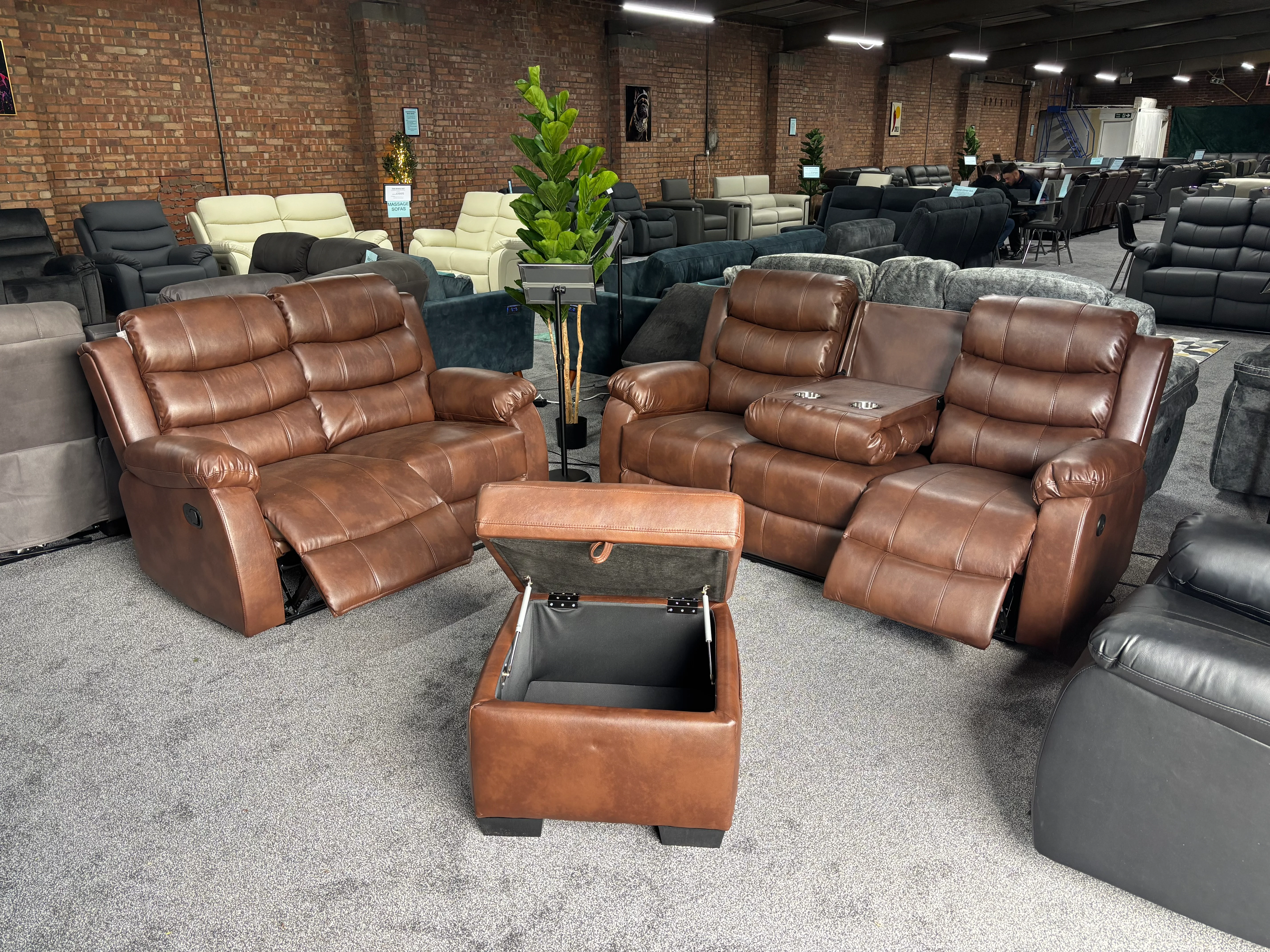Lando Brown Leather 3 Seater + 2 Seater + Storage Footstool Reclining Sofa Set | Drinks Tray Table | High Backrests | 2 Stage Reclining | Couch | - Image 8