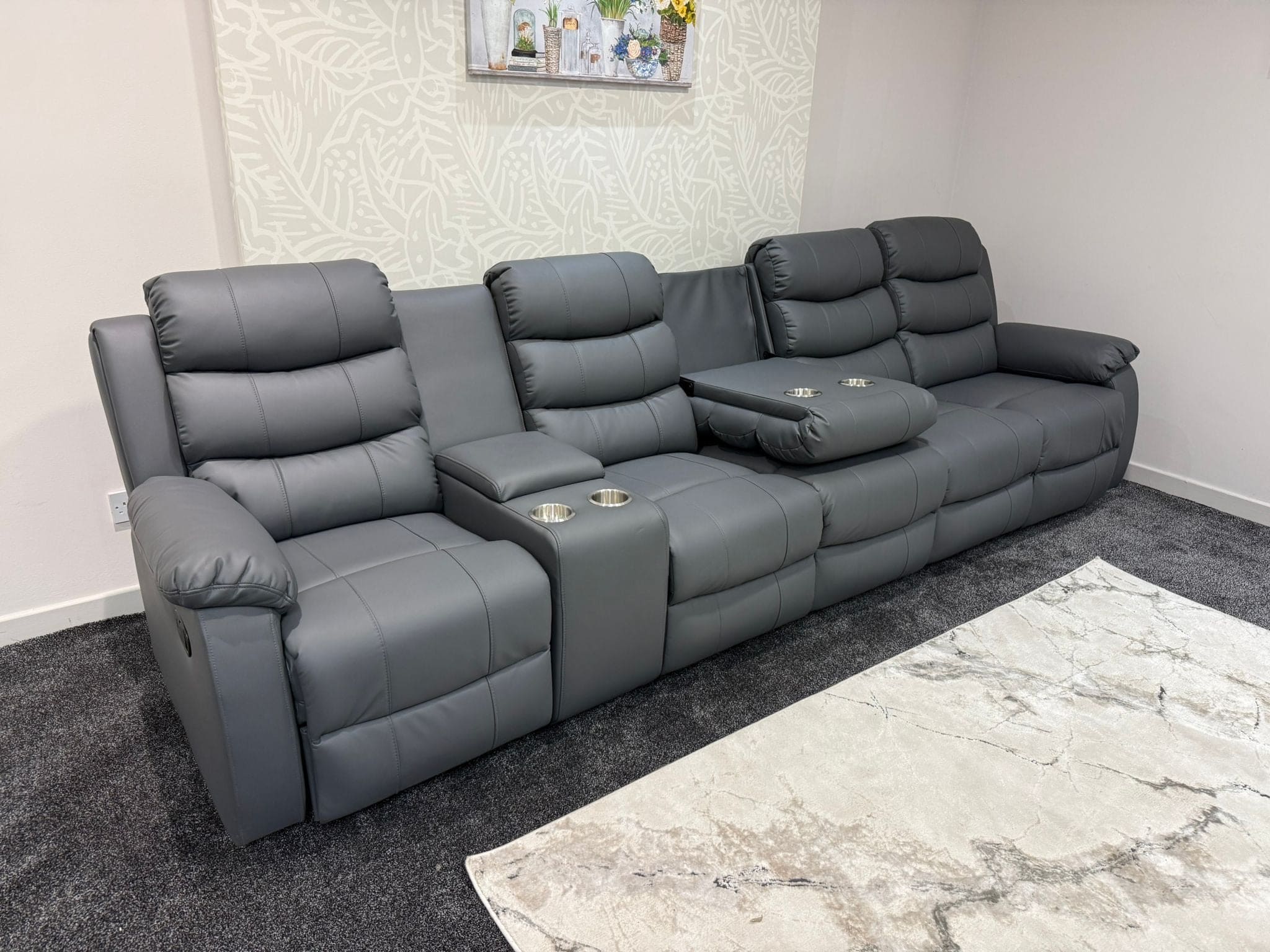 Lando Grey Leather 5 Seater Sofa With Drinks Console | Fold Down Tray Table, High Headrest & Seating Position Couch - Image 4
