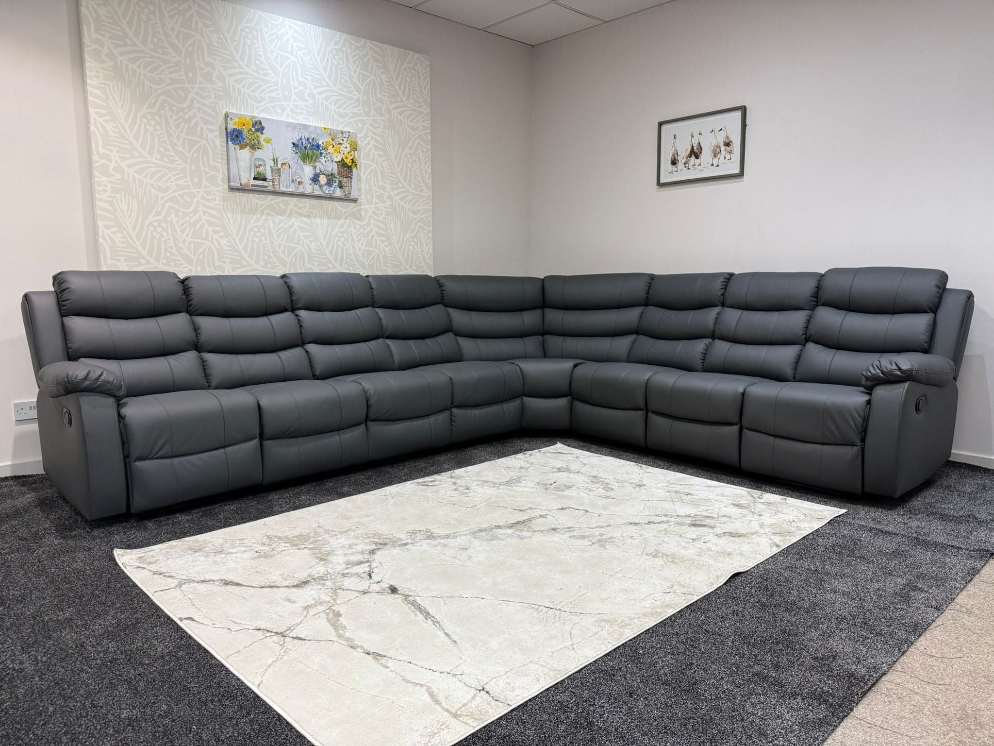 "Lando" Grey Leather 4C3 Recliner Corner Sofa Reversible | 2 x Drinks Tray Tables | Modular - Image 15