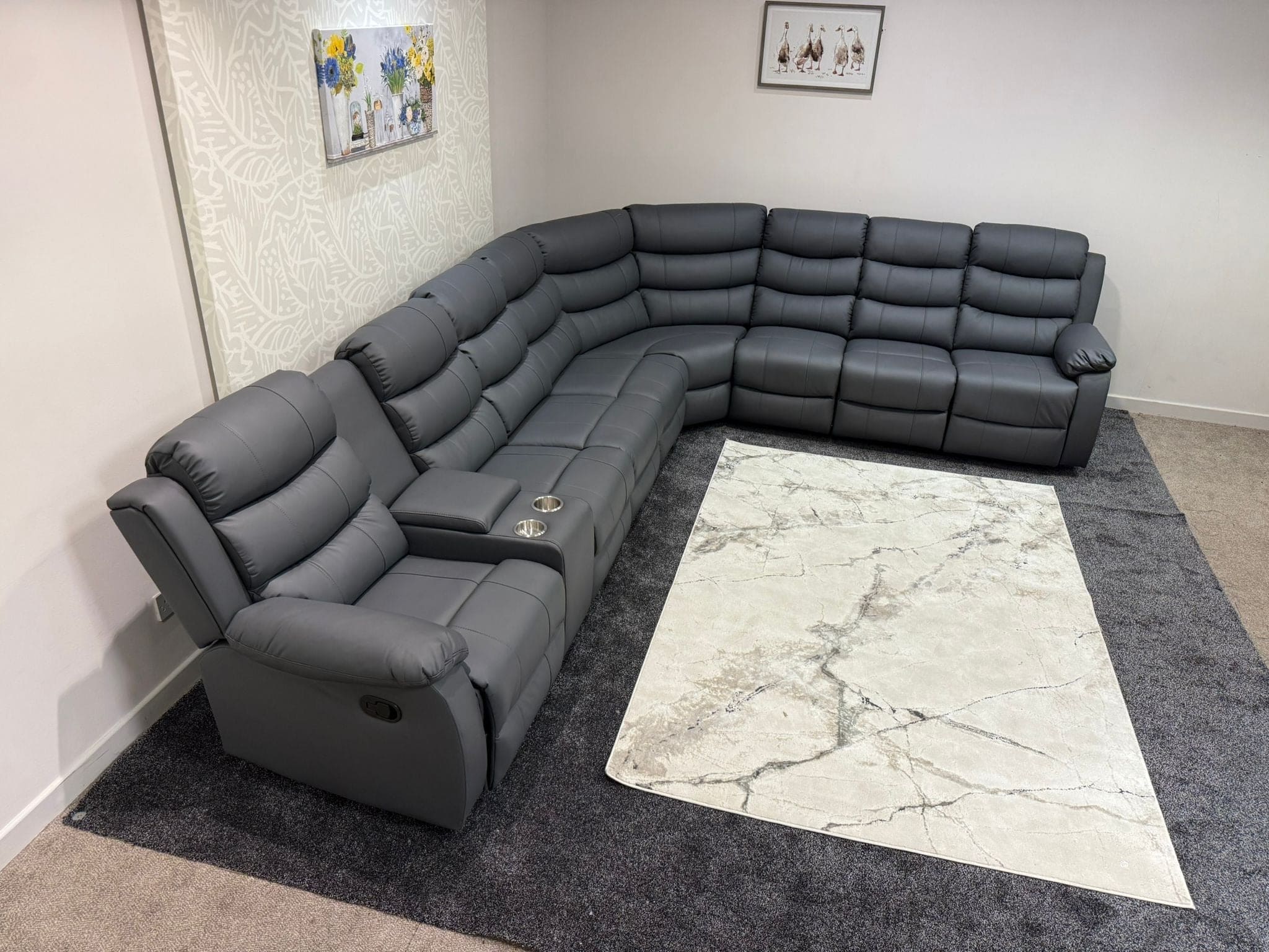 "Lando" Grey Leather 4C3C Recliner Corner Sofa Reversible | 2 x Drinks Tray Table | Modular - Image 11