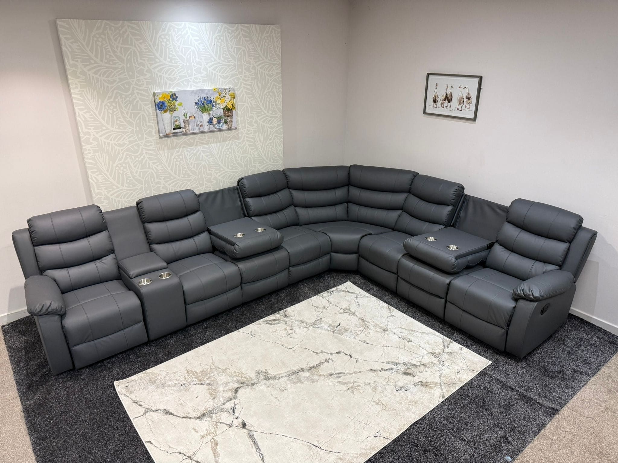 "Lando" Grey Leather 4C3C Recliner Corner Sofa Reversible | 2 x Drinks Tray Table | Modular - Image 14