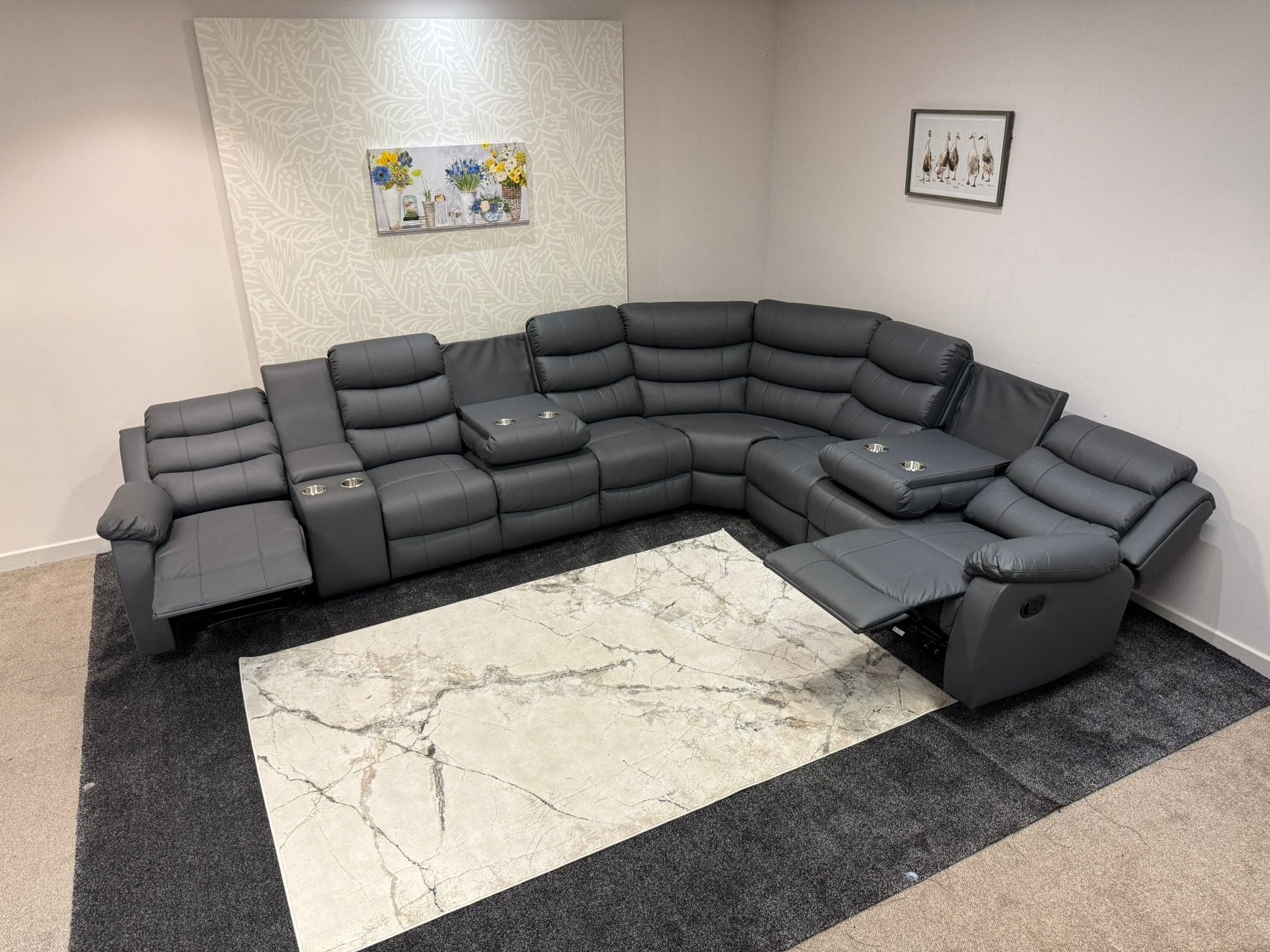 "Lando" Grey Leather 4C3C Recliner Corner Sofa Reversible | 2 x Drinks Tray Table | Modular - Image 16