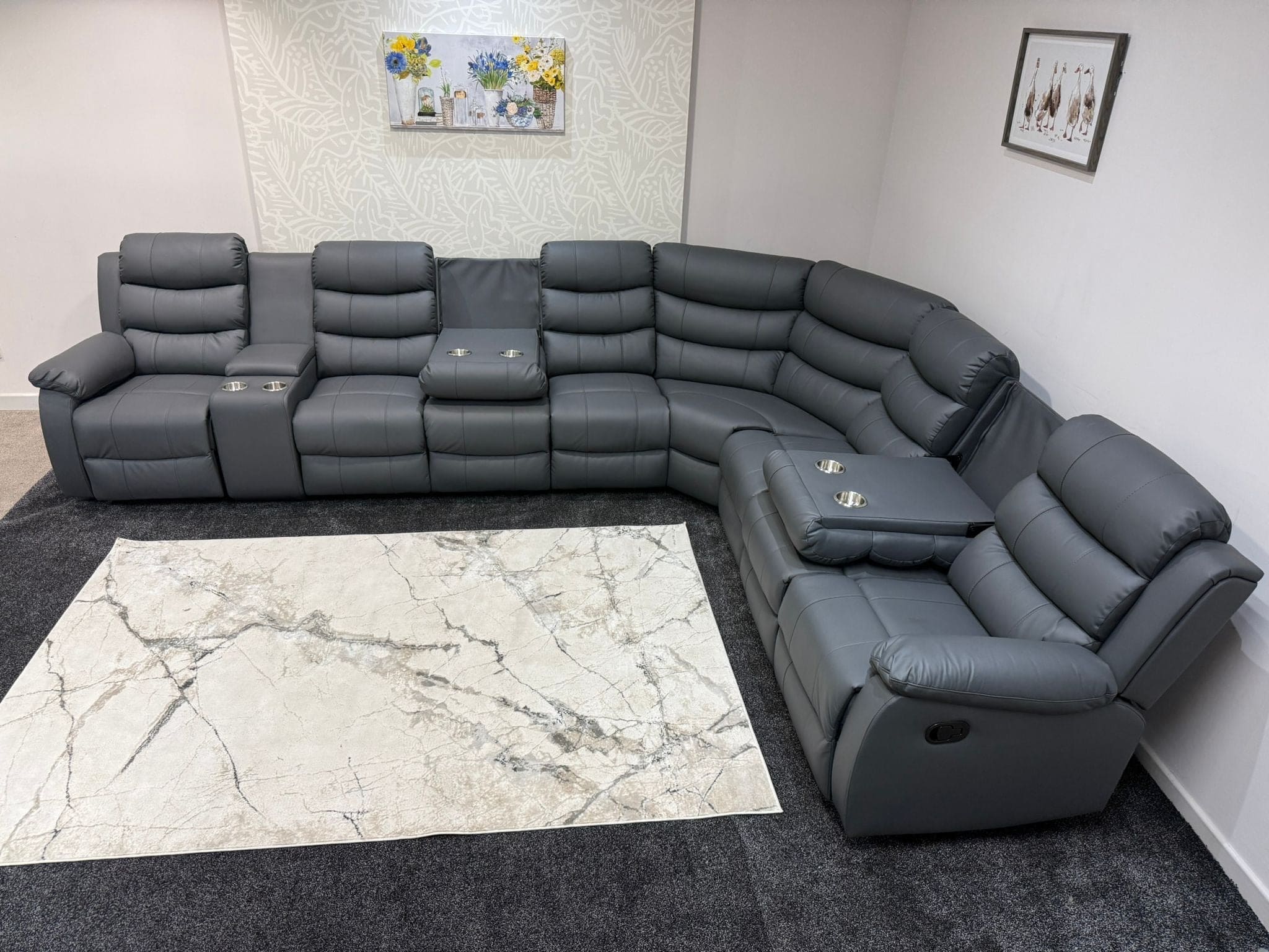 "Lando" Grey Leather 4C3C Recliner Corner Sofa Reversible | 2 x Drinks Tray Table | Modular - Image 18