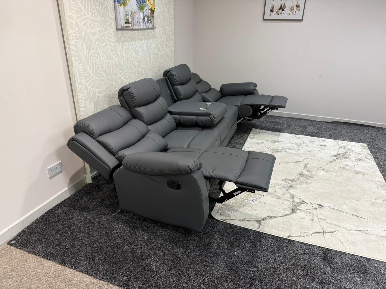 Lando Grey Leather 5 Seater Sofa | Fold Down Tray Table, High Headrest & Seating Position Couch - Image 13