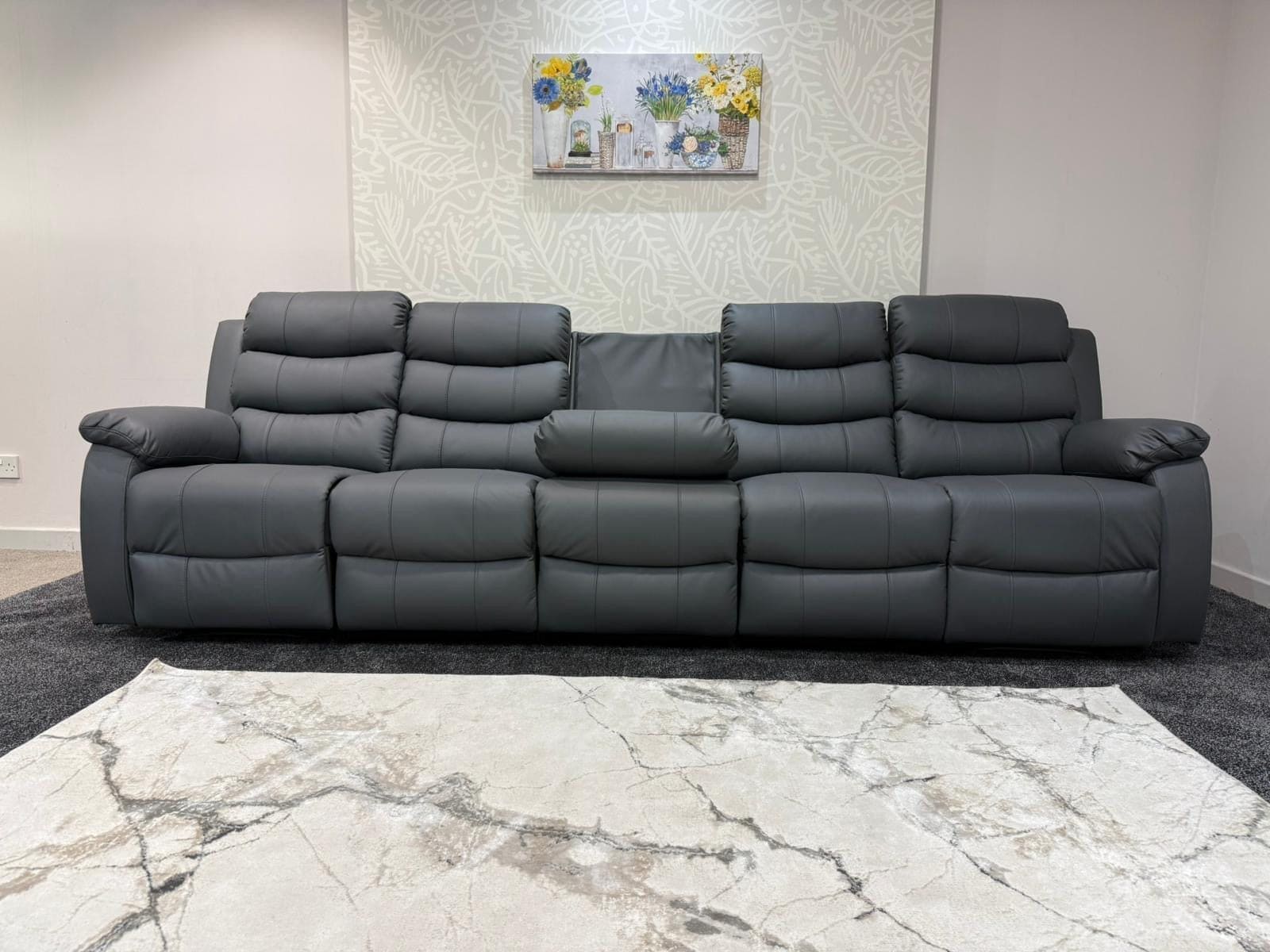 Lando Grey Leather 5 Seater Sofa | Fold Down Tray Table, High Headrest & Seating Position Couch - Image 5