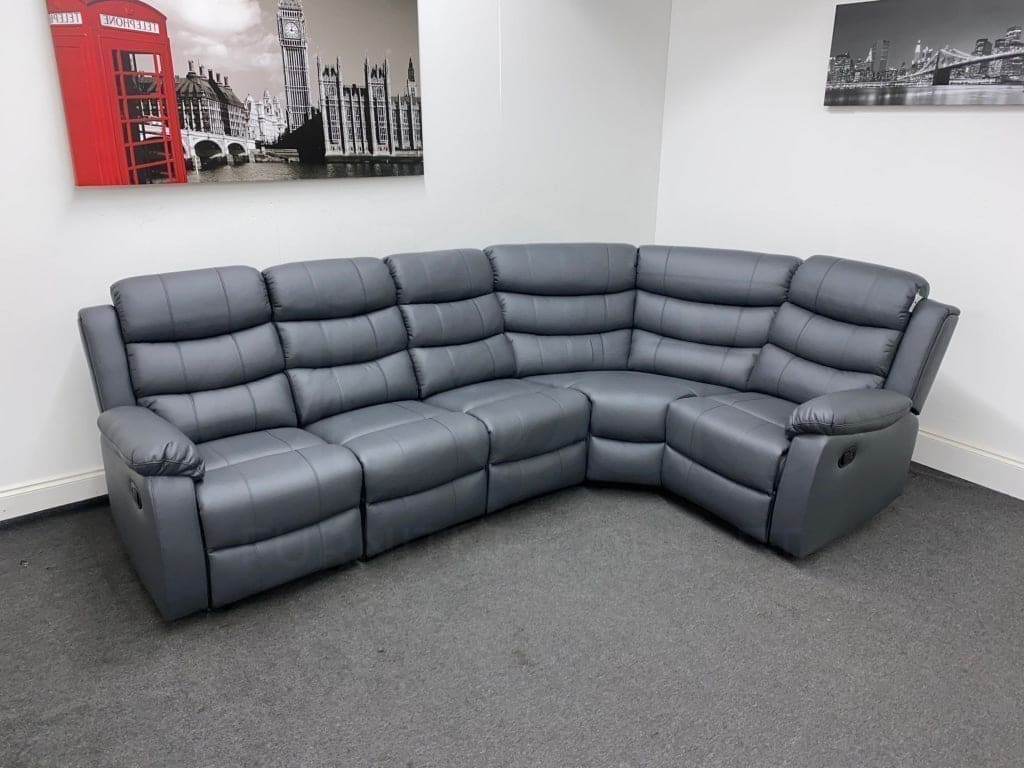 'Lando' Grey Leather MANUAL Reclining Corner Sofa | Storage Drinks Console | Fold Down Tray Table | High Backrest & Seating Position | Couch | - Image 3