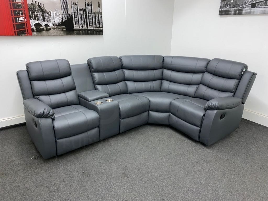 'Lando' Grey Leather MANUAL Reclining Corner Sofa | Storage Drinks Console | Fold Down Tray Table | High Backrest & Seating Position | Couch | - Image 5